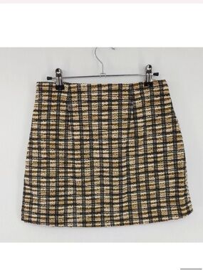 Mango MNG Check Tweed Skirt Womens Medium Brown Mini Lined Retro Sustainable